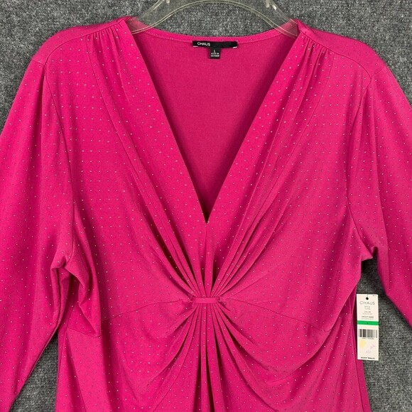 Chaus Drape Front Top NWT Women L Pink 3/4 Sleeve Tiny Gold Dots - Picture 2 of 11
